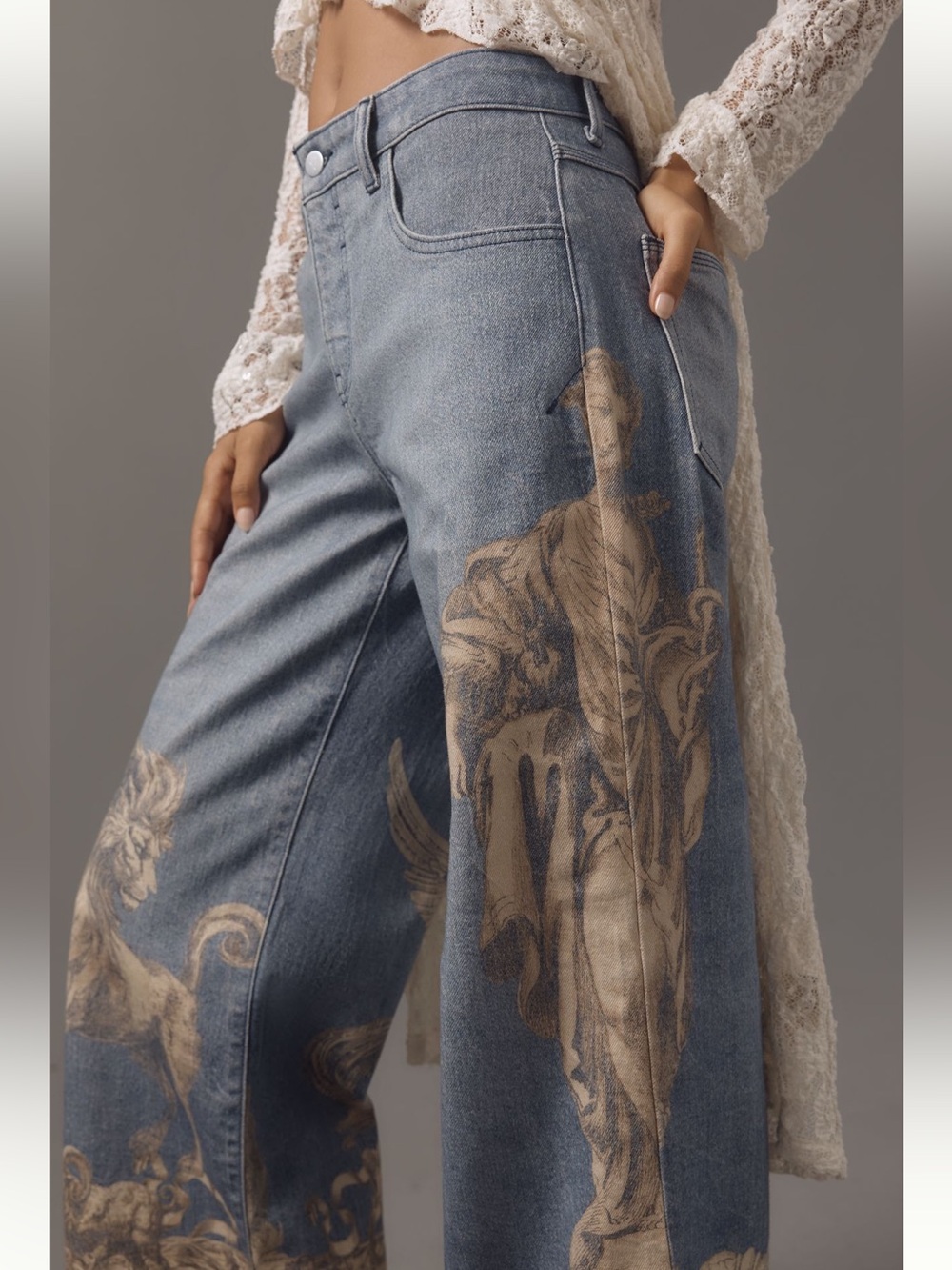 Anthropologie Low Rise Wide Leg Jeans Pilcro New 27 Zbo Roman Lion Unicorn Art - Picture 3 of 15